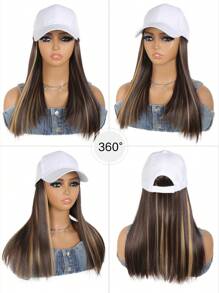 White Baseball Cap With Hair Extensions 16inch Straight Hairstyle Adjustable Wig Hat Synthetic Hairpiece For Women - Piano Color - View 2