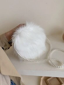 新款冬季纯色毛茸茸迷你包清新甜美仿珍珠链条单肩包时尚斜挎包 - 白色 - 查看 2