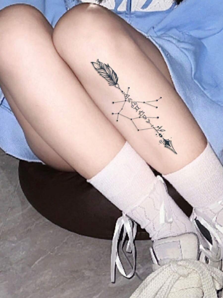 1入組星座箭頭羽毛圖案防水臨時紋身貼適用於兩者男士和女性,幾何風格適用於 - 黑色 - 查看 1