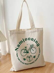 1pc Beige Canvas Tote Bag With Dual English Printed Sides - Beige - View 4