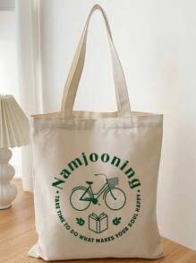 1pc Beige Canvas Tote Bag With Dual English Printed Sides - Beige - View 3