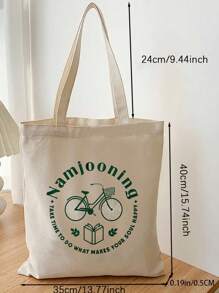 1pc Beige Canvas Tote Bag With Dual English Printed Sides - Beige - View 2