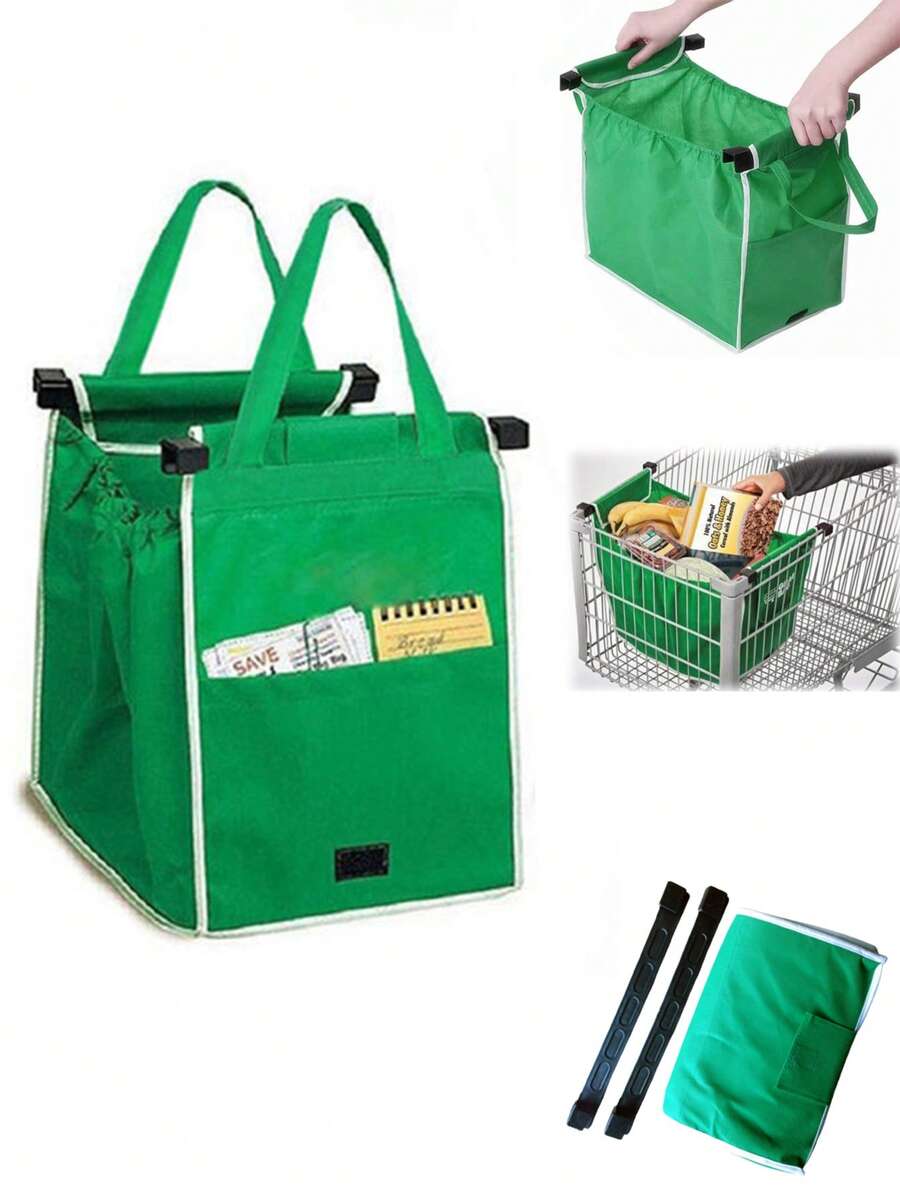 1個可重複使用的購物袋購物推車袋,購物推車用的購物袋,超市購物車購物袋,購物袋支架,購物袋架,超市購物車用購物袋,綠色無紡布手提袋,可摺疊的易於攜帶,可夾在購物車上