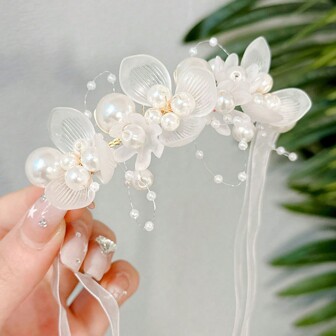 1pc Delicate Princess Style Flower & Pearl Beaded Ribbon Hair Wreath Decoration With Streamers For Braids, Birthday & Wedding Hair Accessory