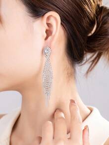 1 對長流蘇和水鑽裝飾誇張耳環,優雅、時尚、精緻、女式全鑽耳釘、生日禮物、派對、約會、日常佩戴