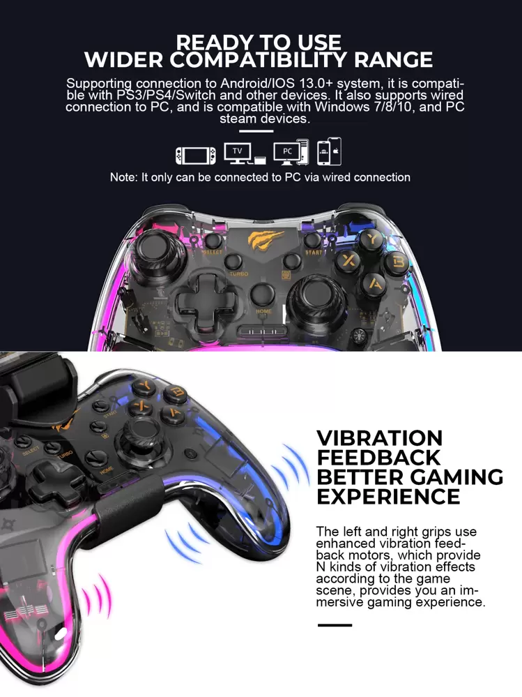 HAVIT G180BT Transparent High-Precision Joystick Wired Game Controller with  Customizable Turbo Speeds, Vibration Feedback & 3 Stunning RGB Light Modes  | SHEIN