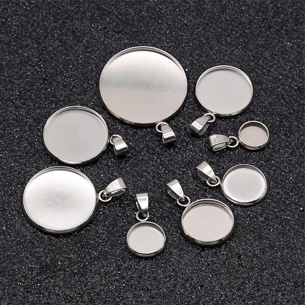 10 piezas/lote Adecuado para 6 8 10 12 14 16 18 20 25 30mm Bisel hueco de acero inoxidable con cabuchón de resina para hacer joyería DIY, accesorios de joyería y colgantes de collares