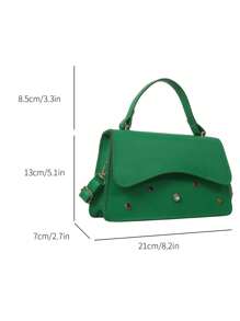 Pu Rhinestone Decorated Solid Color Shoulder Bag With Detachable Strap, Fashionable Square Handbag - Green - View 2