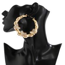 Women's Statement Butterfly Shaped Hoop Earrings With Rhinestone Detailing, Bamboo Design - Gold - View 2