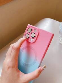 1 pieza de Funda de teléfono rosa y azul degradado pintada con spray con bordes cuadrados y parte posterior circular, compatible con los modelos de iPhone, protege la cámara de daños - Multicolor - Ver 3