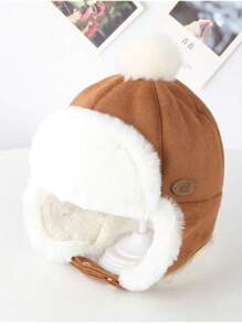 男女通用幼兒嬰兒冬季帽子帶耳罩,厚毛毛絨球保暖毛線帽,駝色 - 駝色 - 查看 1