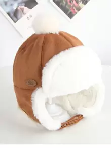 男女通用幼兒嬰兒冬季帽子帶耳罩,厚毛毛絨球保暖毛線帽,駝色 - 駝色 - 查看 2