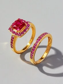 2pcs Simple & Elegant 925 Sterling Silver & Cubic Zirconia Rings For Women's Daily & Festival Wear - Yellow Gold - View 2