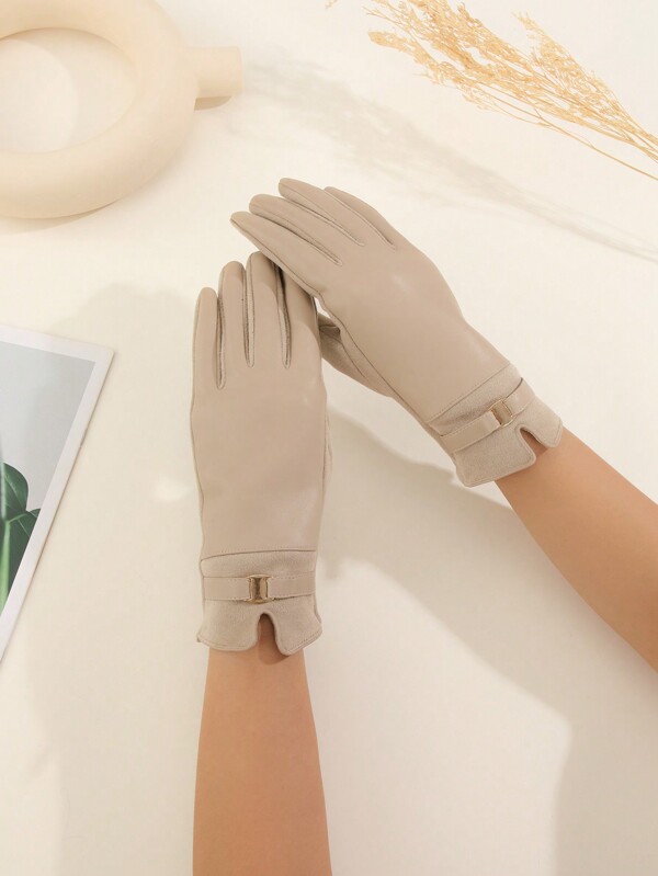 1 Pair Women's Beige Faux Leather & Fleece Gloves With Touchscreen Index Finger, Fashionable Motorcycle Style, Suitable For Outdoor Cycling, Spring/Fall/Winter