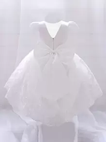 女婴缎面薄纱拖尾蓬蓬裙，后背蝴蝶结设计，优雅大方，适合生日派对，不含头饰 - 白色 - 查看 2