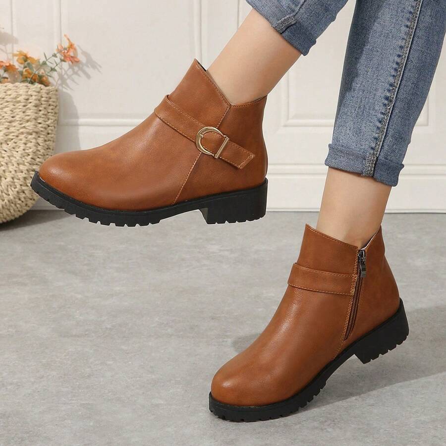 Plus Size Vintage Solid Color Women's Boots With Low & Thick Heel And Back Zipper, Fashionable New Arrival - Coffee Brown - View 1