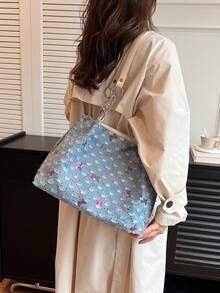 حقيبة يد موضة مصنوعة من قماش النايلون مزينة بطبعات الفراشات، حقيبة كتف ،حقيبة كبيرة السعة للاستخدام اليومي مناسبة للطالبات والنساء العاملات - متعدد الألوان - مشاهدة 2