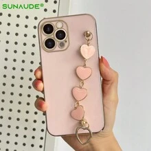 غطاء هاتف معدني مطلي بـ Tpu يغطي الهاتف بالكامل و يحمي الكاميرا من الصدمات مع سوار بشكل قلب متوافق مع هواتف آيفون وسامسونج - وردي - مشاهدة 1