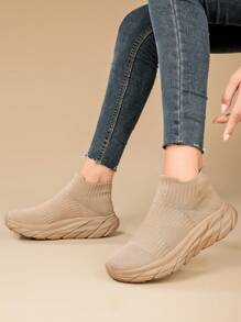 New Arrival Women's Knit Breathable Sneakers, Lightweight Non-Slip Soft Bottom Casual Running Shoes For Couples - Khaki - View 1