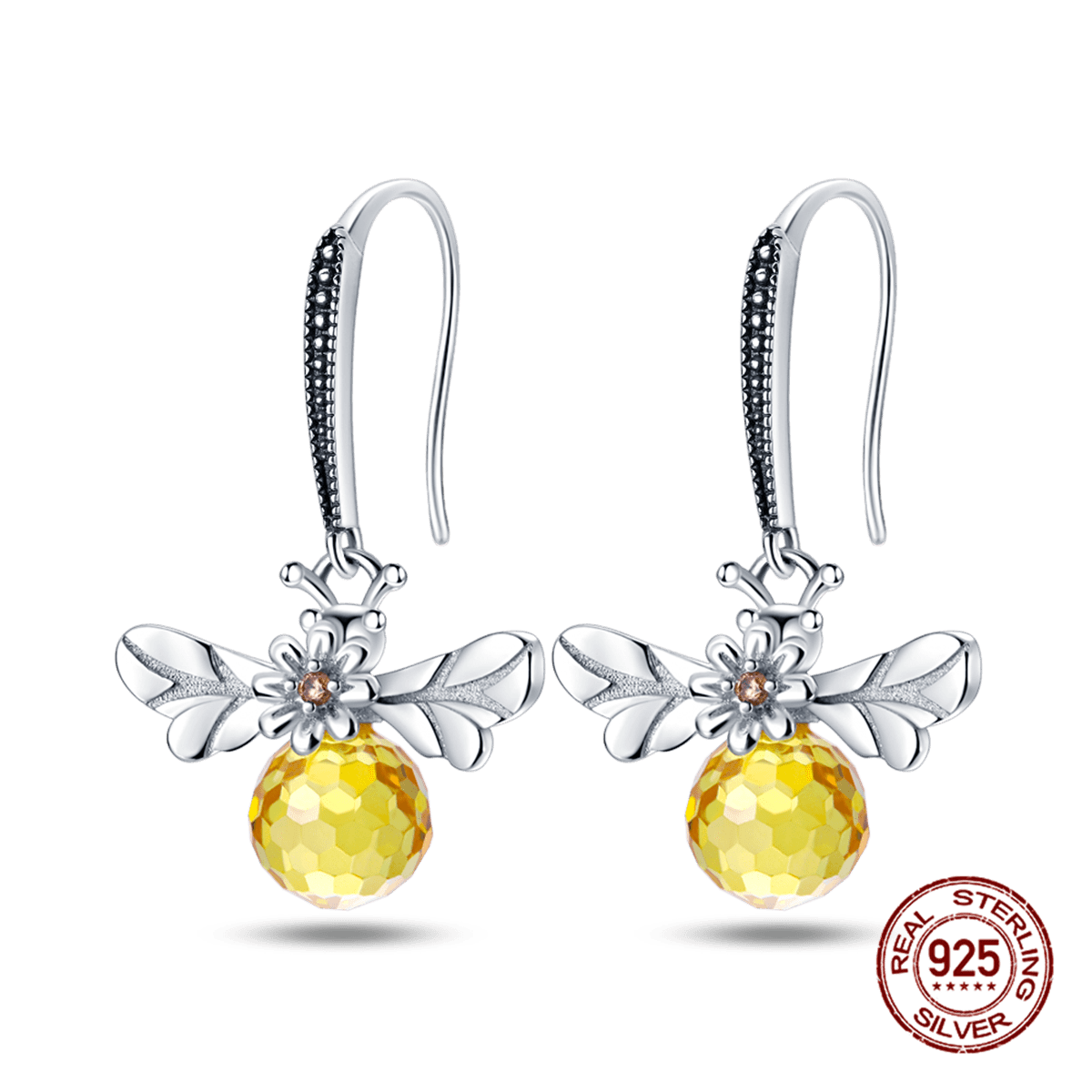 優雅女式蜜蜂創意手工耳環,輕奢水晶耳針,純銀飾品吊墜耳環1對