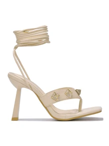 Rona Women's Rhinestone Spike Trim Strappy High Heels - Beige - View 4