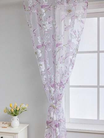 1 Pieza Cortina Transparente Para La Sala De Estar, Patrón Floral Clásico De Color Púrpura Con Filtrado De Luz Para La Privacidad Del Dormitorio