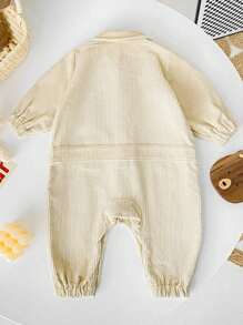 Infant Boys' Cute 3d Bear Shaped Thick Corduroy Shirt Collar Long Sleeve Jumpsuit, Perfect For Birthday, School And Winter