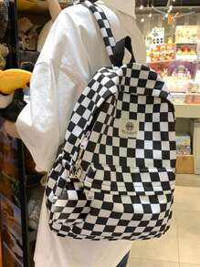 1pc Black & White Checkerboard Design Simple Style Large Capacity Zipper Backpack, Unisex Students Travel Bag - Black and White - View 2