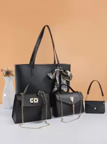 Conjunto de 4 Peças de Bolsas de Moda Vintage para Escritório e Transporte: Bolsa de Ombro/Transversal Acolchoada Colorblock com Alça de Corrente e Mini Bolsa - Preto - Visão 2