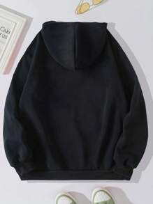 Long Hooded Sweatshirt With Drawstring And Hello Bear Graphic Print - Black - View 4