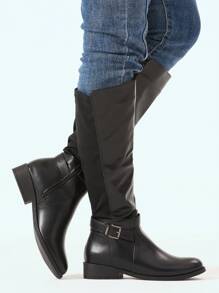 Women Riding Tall Boots Flat Heel Knee High Boots Round Toe Boots With Buckle Straps Valentine's Day - 黑色 - 查看 5