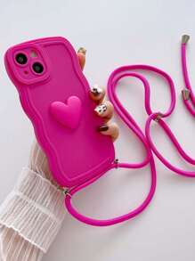 1入組純色波浪紋專用掛繩殼，適用於蘋果手機 - 玫紅色 - 查看 1