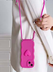 1入組純色波浪紋專用掛繩殼，適用於蘋果手機 - 玫紅色 - 查看 3