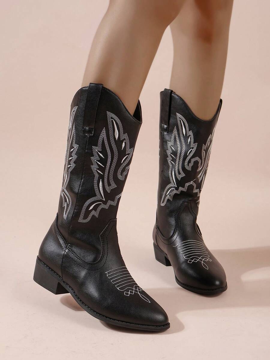 2023 Spring/autumn New Embroidered Cowgirl Boots For Women, Ins Style High Boots - Black - View 1