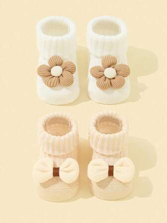 2對裝女孩子花朵和蝴蝶結設計中筒襪,透氣防滑襪子