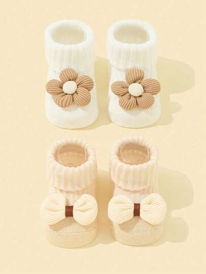 2 Paires/pack Chaussettes Mi-mollet Pour Filles, Avec Design De Fleurs Et De Nœuds Papillon, Chaussettes Antidérapantes Respirantes