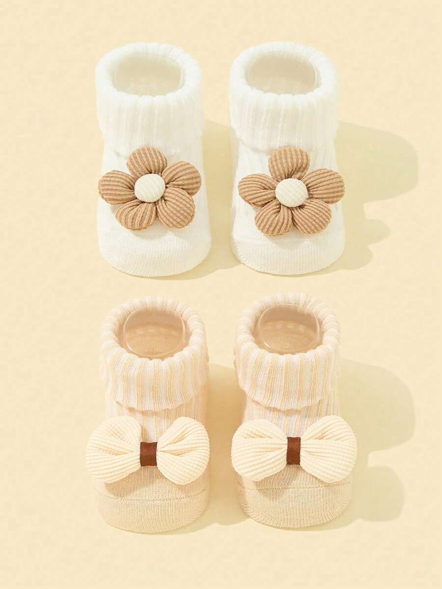 2pairs/pack Girls' Flower & Bowknot Design Mid-calf Socks, Breathable Anti-skid Socks