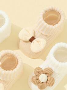 2pairs/pack Girls' Flower & Bowknot Design Mid-calf Socks, Breathable Anti-skid Socks