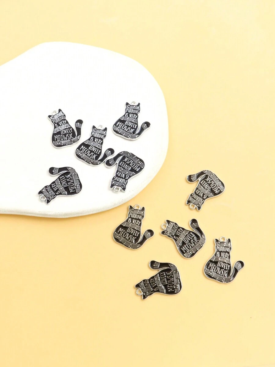 10入組時尚創意卡通音符圖案貓形配件DIY韓語風格合金油滴吊墜鑰匙圈耳環吊墜 - 暗銀色 - 查看 1