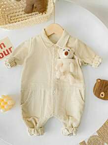 Infant Boys' Cute 3d Bear Shaped Thick Corduroy Shirt Collar Long Sleeve Jumpsuit, Perfect For Birthday, School And Winter