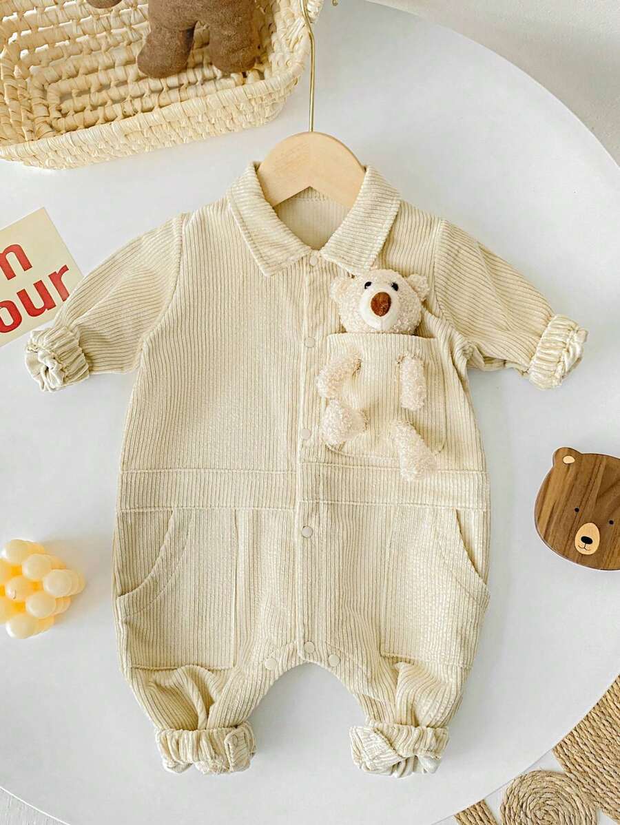Infant Boys' Cute 3d Bear Shaped Thick Corduroy Shirt Collar Long Sleeve Jumpsuit, Perfect For Birthday, School And Winter