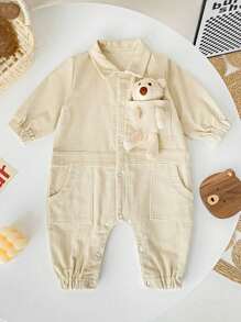 Infant Boys' Cute 3d Bear Shaped Thick Corduroy Shirt Collar Long Sleeve Jumpsuit, Perfect For Birthday, School And Winter