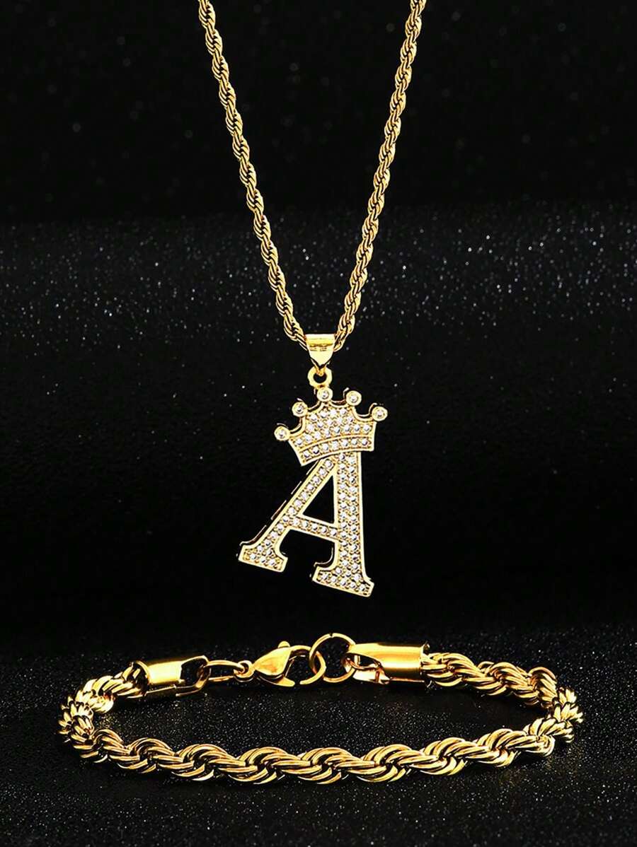 1 Set Stainless Steel Crown & Letter Decor Necklace, Twist Chain Bracelet, Suitable For Children's Birthday Gift And Party Accessories - Yellow Gold - View 1