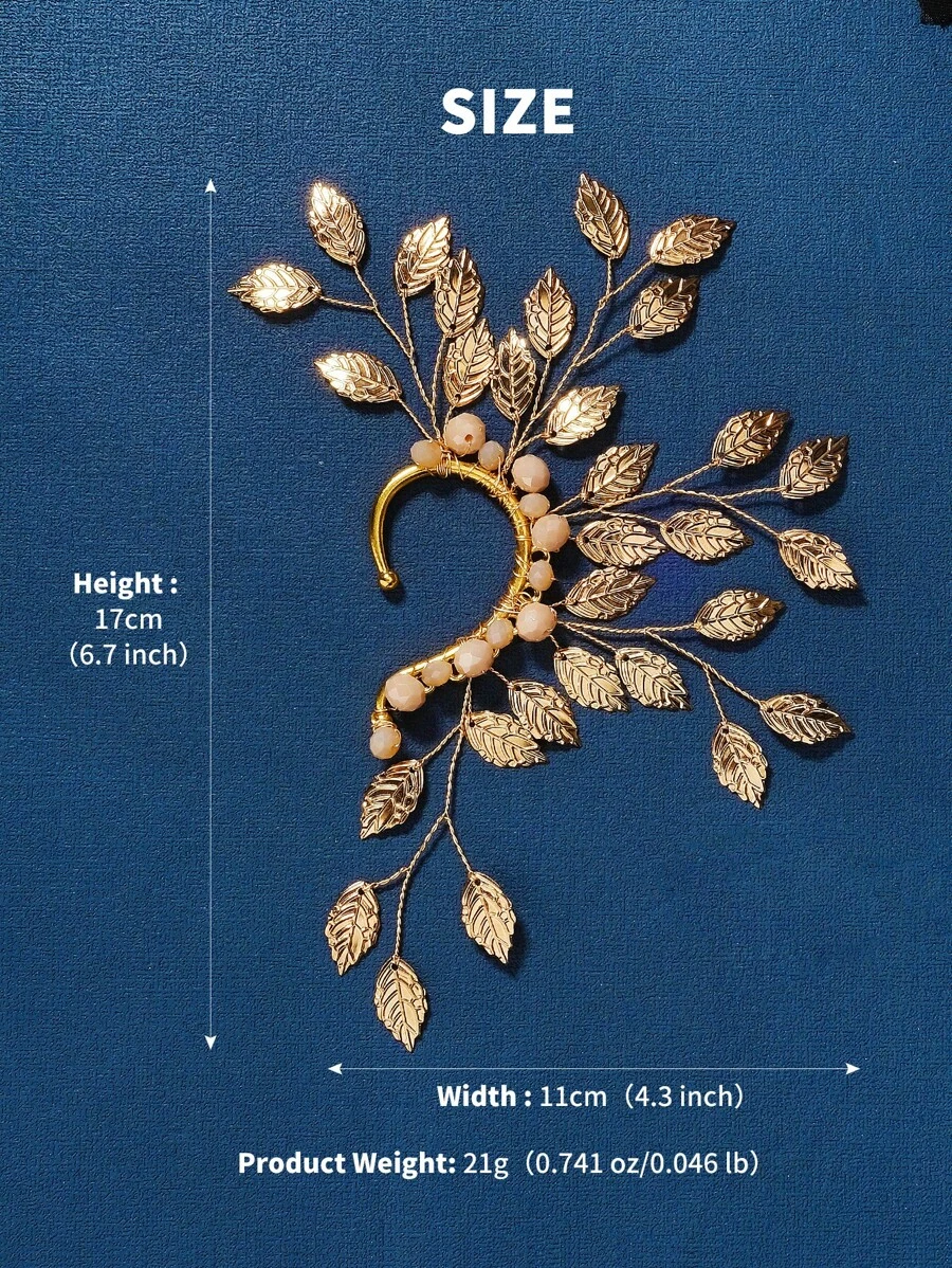 1件女士左耳金属叶子和水晶串珠装饰耳夹，时尚个性化，适合婚礼新娘、皇家万圣节等场合。 - 金色 - 查看 1