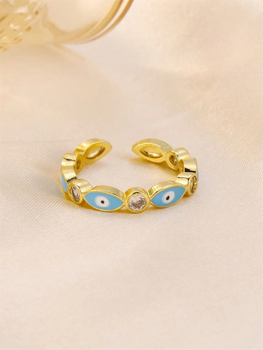 FEEL STYLE 1pc Vintage Style Stainless Steel Ring With Rhinestone And Oil Drop Eye Design, Suitable For Women Daily Wear - Multicolor - View 1