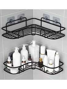 1pc Black Iron Triangle Shelving Unit For Bathroom & Kitchen With Wall Mount Design And Storage Basket - Black - View 4