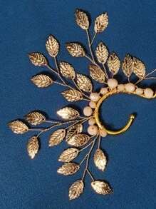 1件女士左耳金属叶子和水晶串珠装饰耳夹，时尚个性化，适合婚礼新娘、皇家万圣节等场合。 - 金色 - 查看 5