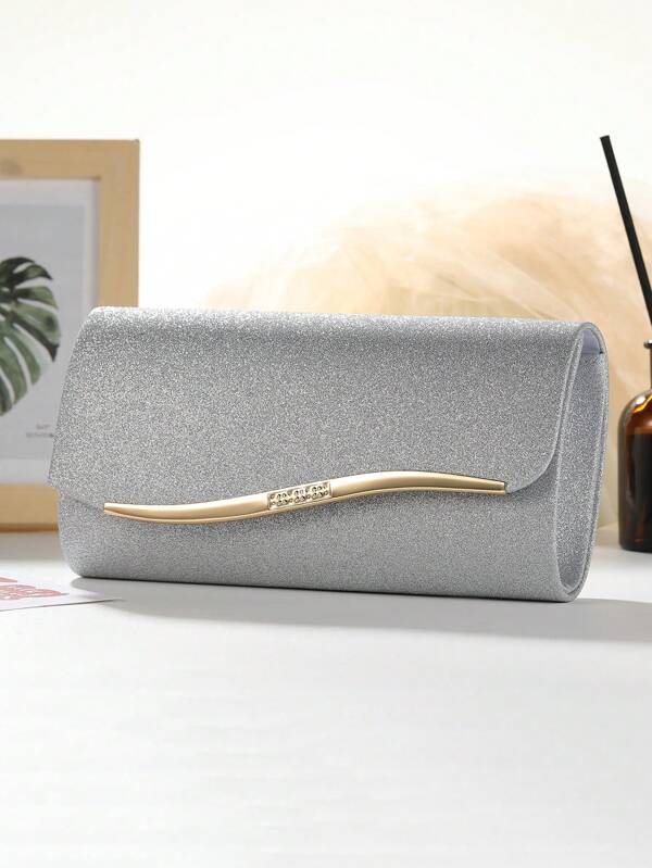1pc Fashion Korean Style Women Metal Edged Elegant Clutch Bag, Magnetic Closure Shoulder & Hand Carry Satin Party Bag