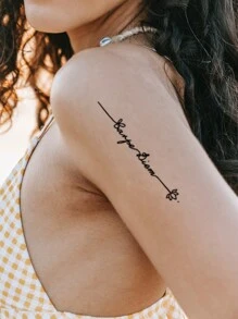 1 件可水洗臨時紋身貼,帶蓮花和英文短語後綴,防水防汗,適合時尚人士日常使用 - 黑色 - 查看 3