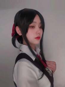 合成頭髮 14 英寸中長黑色馬尾辮角色扮演假髮帶劉海女式女孩裝扮假髮化裝萬聖節服裝派對道具無膠耐熱纖維頭髮高密度自然外觀動漫漫畫卡通服裝角色扮演假髮節日禮物無頭飾和 1入組假髮帽